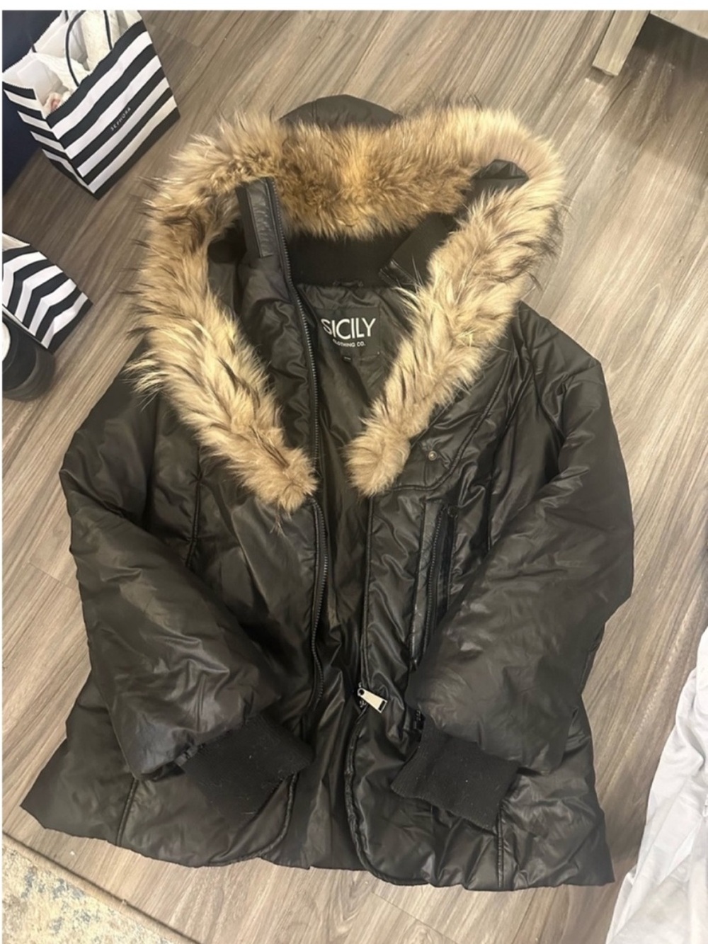Sicily Black Puffer Jacket with Faux Fur Trim Hood